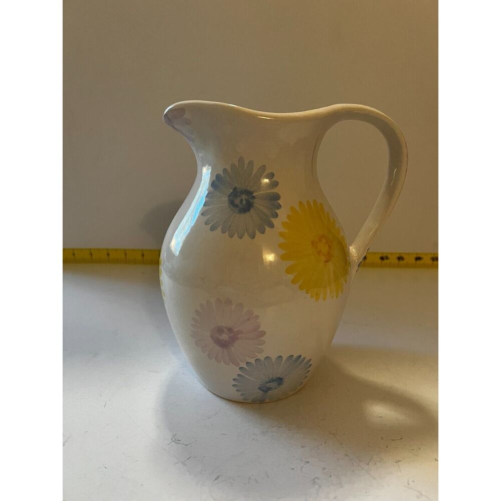 Spring Farmhouse White Floral Art Ware Pitcher Hand Painted Flower Design Vtg